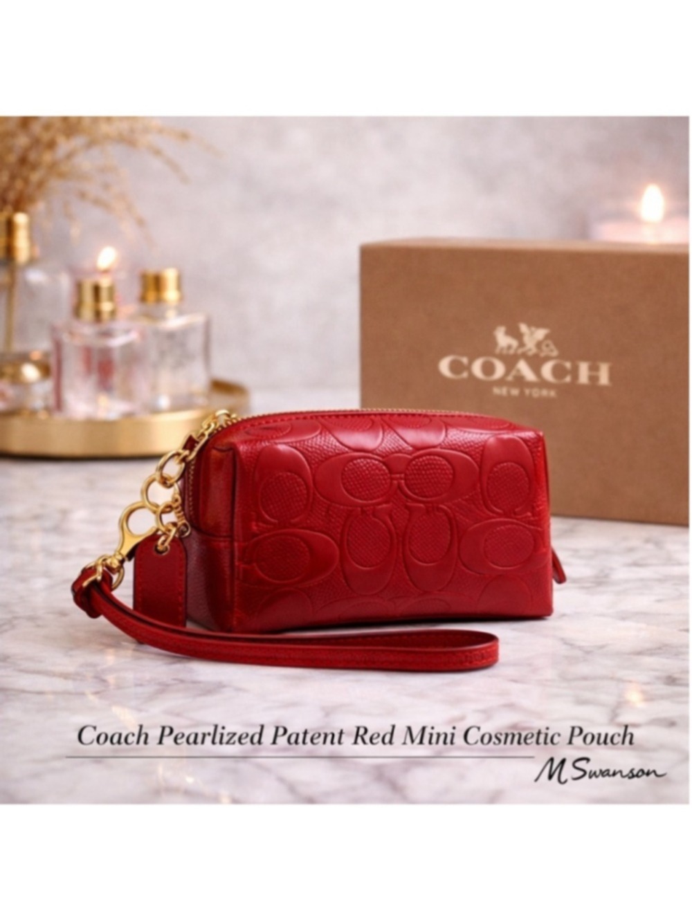 NEW Coach Pearlized Red Patent Leather Mini Cosmetic Pouch Boxed Essential NIB